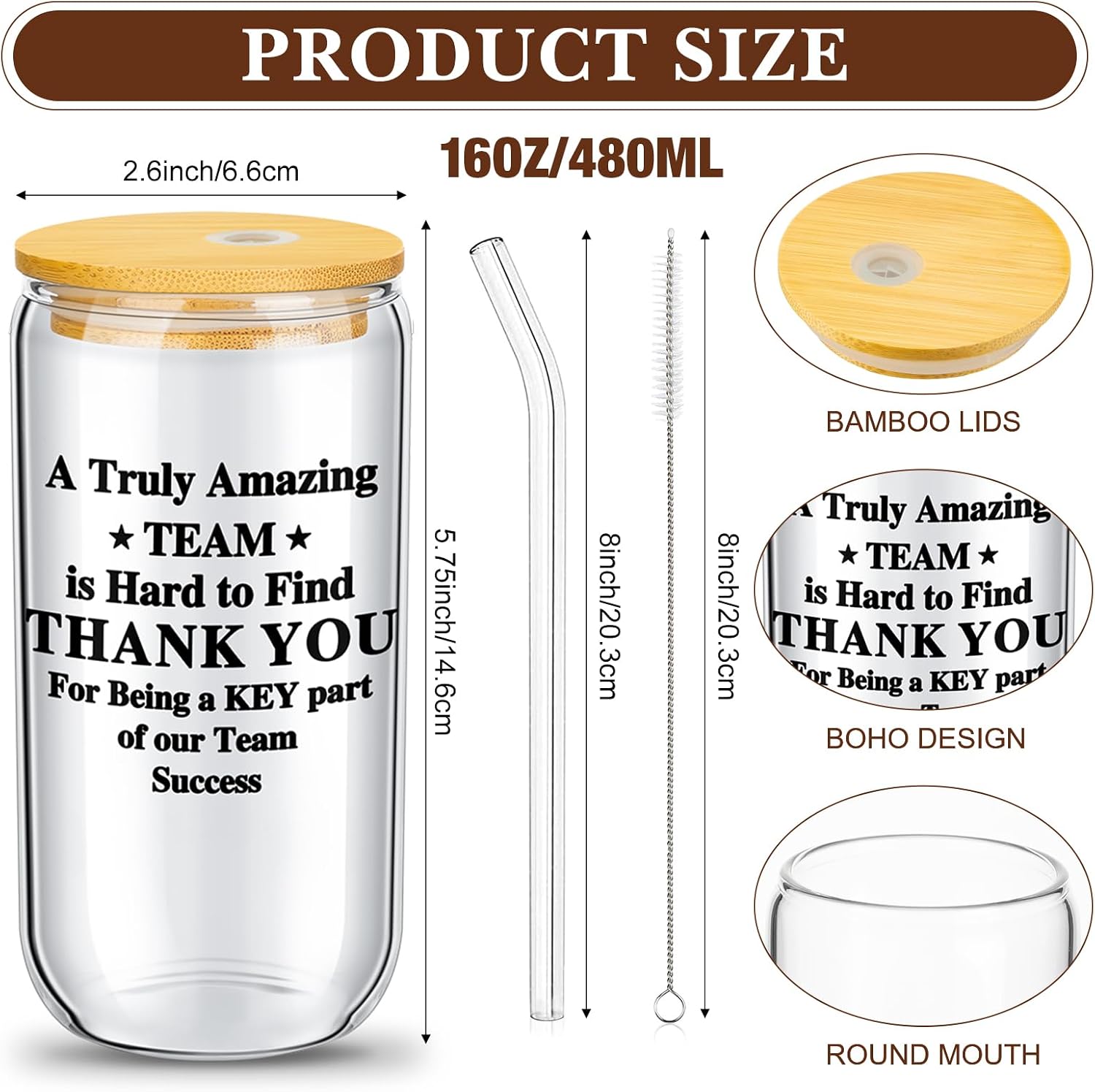 Layhit 24 Set Thank You Team Gifts for Employees Staff Coworker Appreciation Gifts for Teacher Nurse Thank You Glass Cups 16 oz Can Shaped Beer Glass with Lids Straws Brushes(Bright Style)