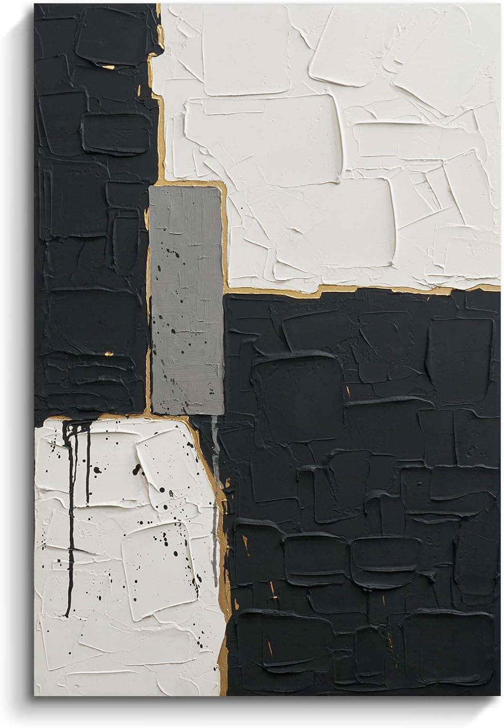 JUHOME Abstract Canvas Wall Art, 24x36 In Hand Painted Original Black White Oil Painting, Textured Black and White Geometric Artwork, Modern Minimalist Wall Decor for Living Room Bedroom Office