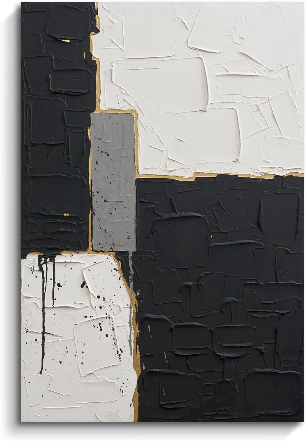 JUHOME Abstract Canvas Wall Art, 24x36 In Hand Painted Original Black White Oil Painting, Textured Black and White Geometric Artwork, Modern Minimalist Wall Decor for Living Room Bedroom Office