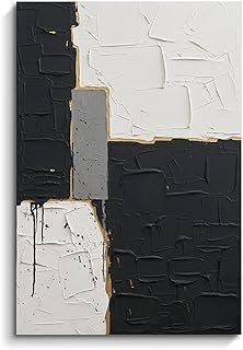 JUHOME Abstract Canvas Wall Art, 24x36 In Hand Painted Original Black White Oil Painting, Textured Drip Composition Modern Wall Decor for Living Room Bedroom Office Framed Ready to Hang