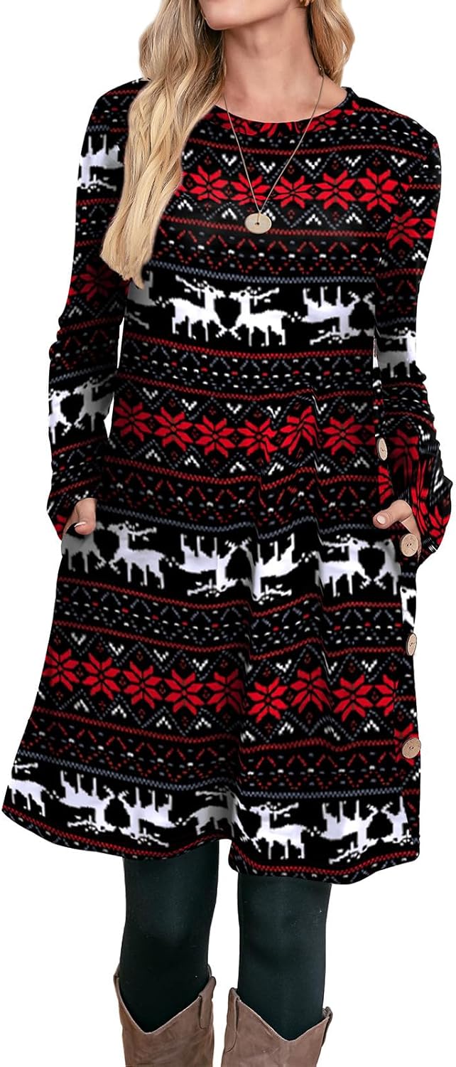OFEEFAN Long Sleeve Dress for Women Crew Neck Tunic Dress with Pockets Buttons Side