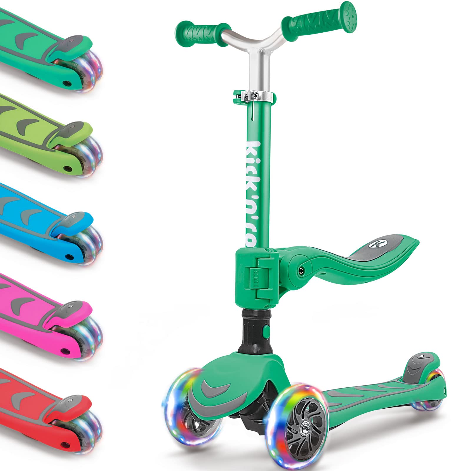 Kicknroll Kids Scooter with Removable Seat & Flashing LED Lights, Foldable Kick Scooter for Boys Girls Ages 3-8, 4 Levels Adjustable Height, Safe Lean to Steer, 3 Wheel Scooters for Kids - Cyan