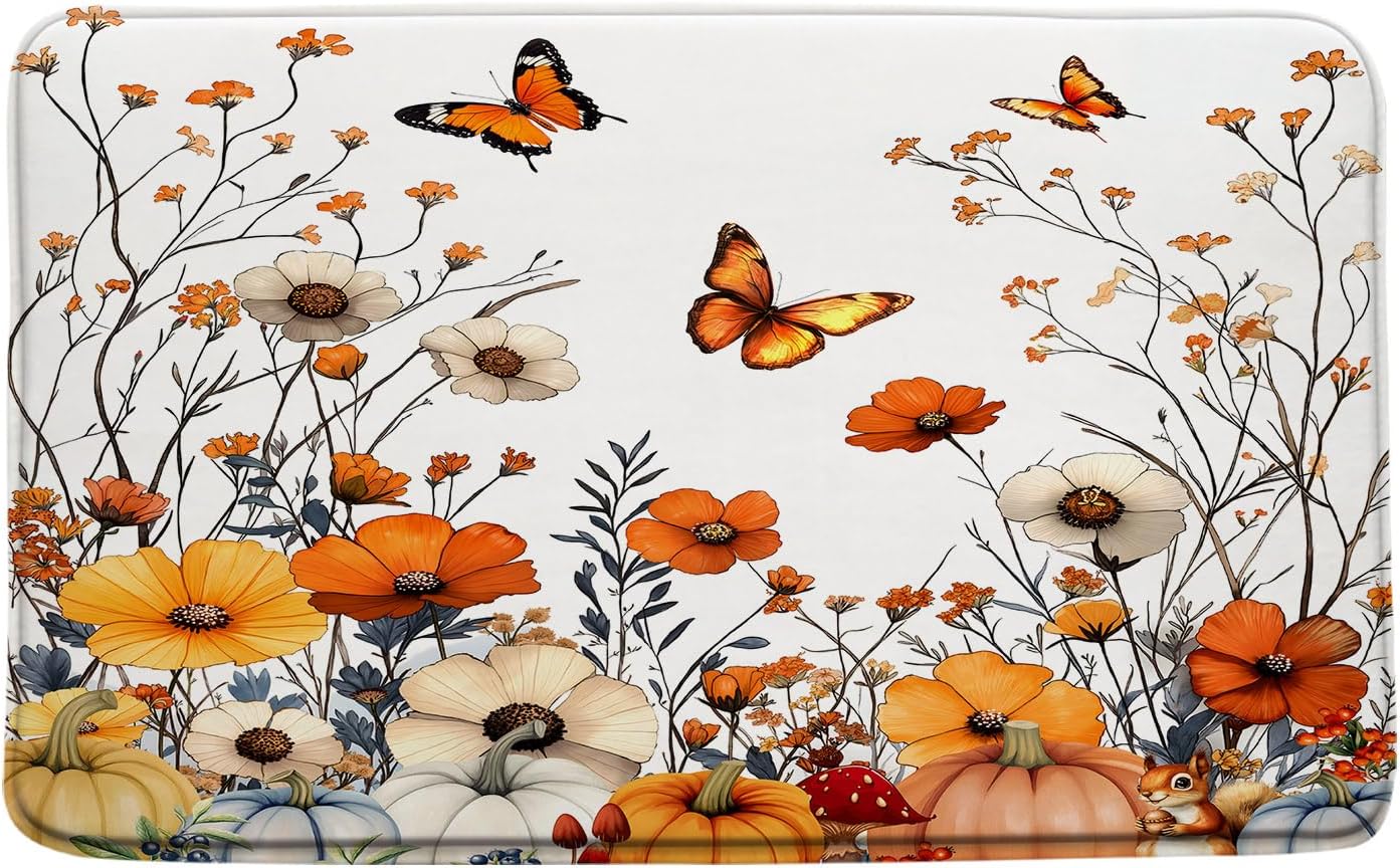 Pumpkin Floral Bathroom Rugs Mat,Fall Thanksgiving Flower Butterfly Squirrel Autumn Orange 24x60 Inch Extra Soft Microfiber Bathroom Kitchen Floor,Tub,Shower Home Decor Accessories