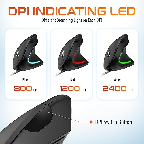 Miniatura 7 de Delton Ratón ergonómico con cable vertical S12, 6 botones, 3 niveles de DPI ajustables (80012001600) y rueda de desplazamiento 3D, compatible con