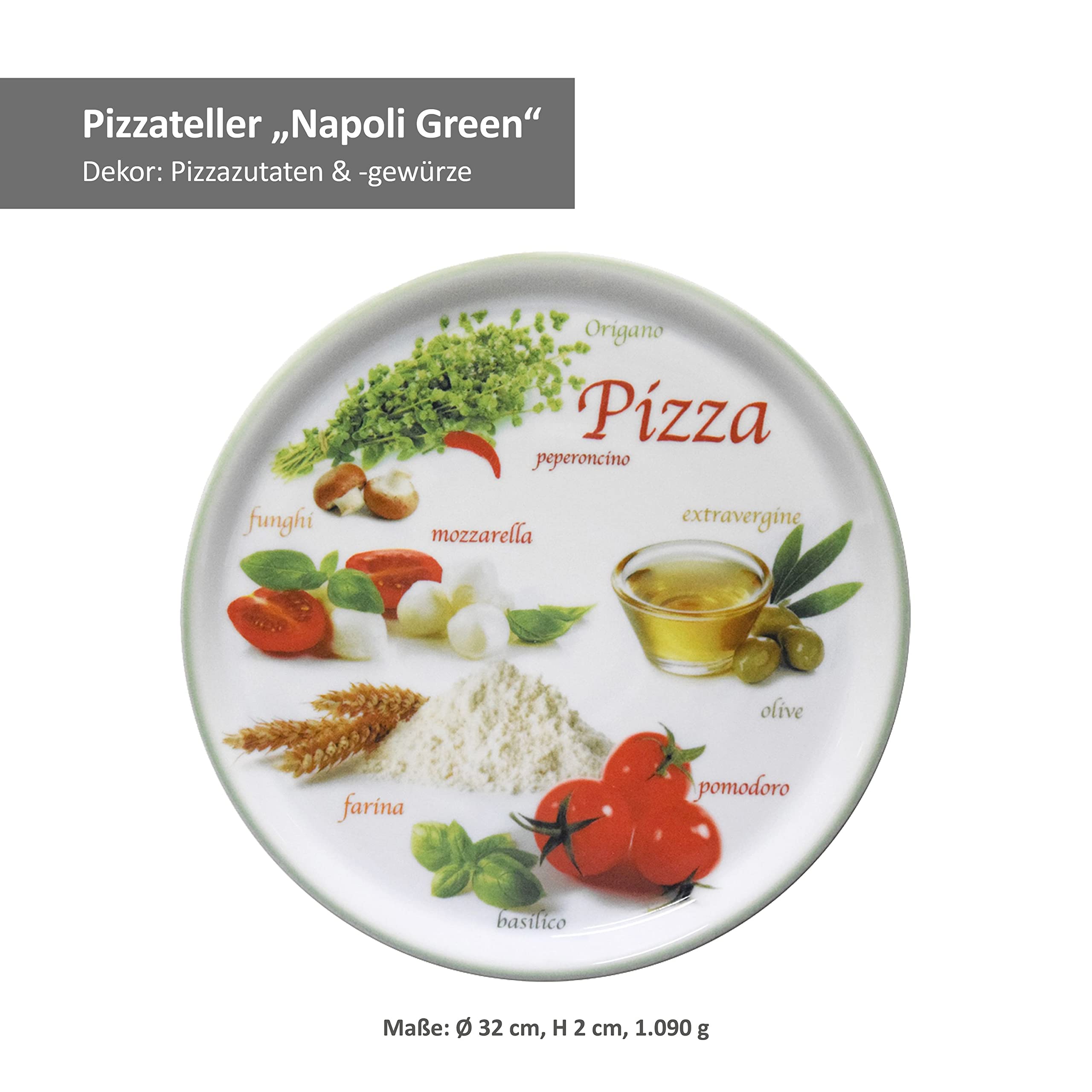 MamboCat 6er Set Pizzateller Napoli Green & Red Ø 32 cm I weisse Porzellan Teller mit bunten Motiven zum Servieren für Antipasti und Tomate-Mozzarella I Pizza Platten Frühstücksteller farbig