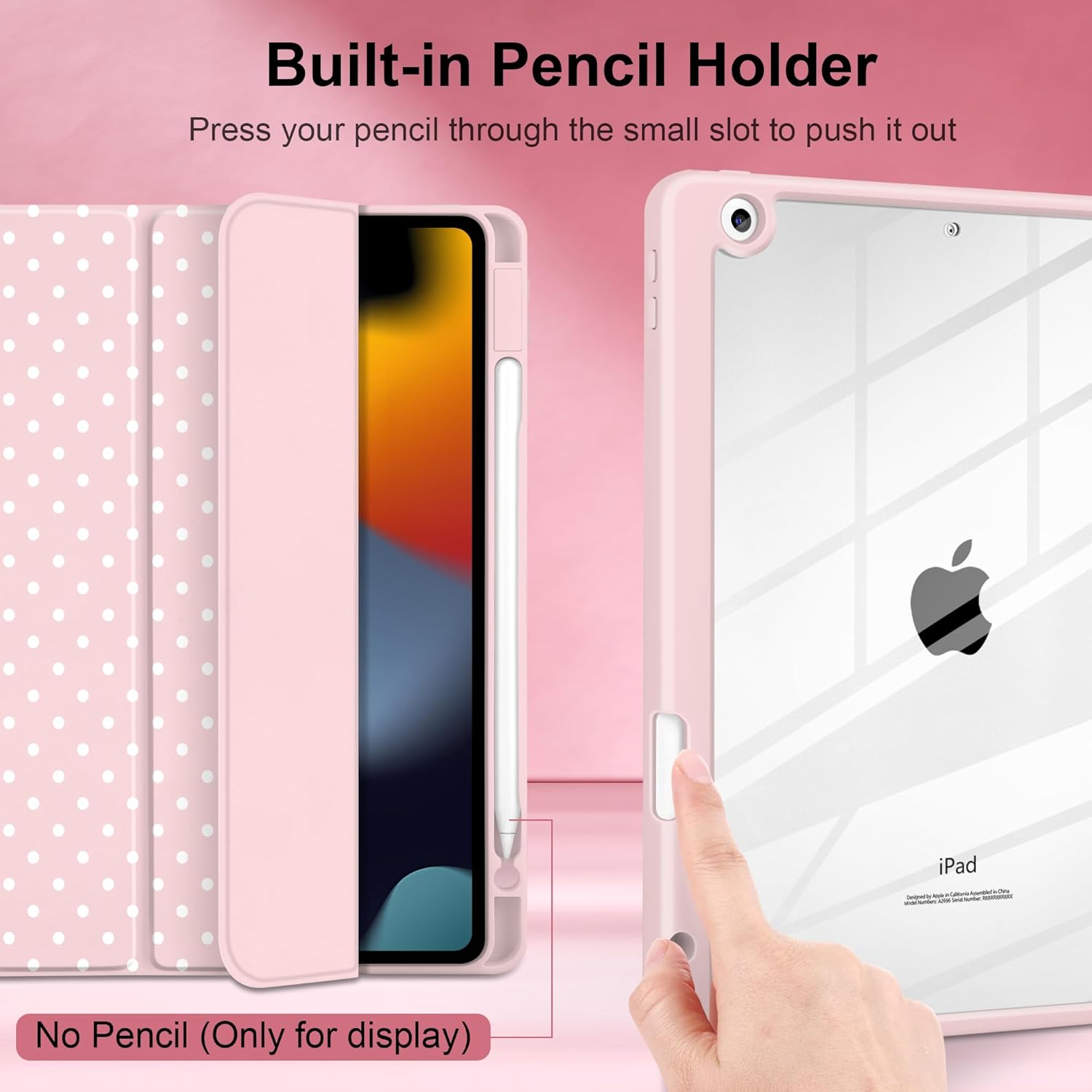 for iPad 9th 8th 7th Generation 10.2 Inch 2021 2020 2019 Case -[Built-in Pencil Holder], Shockproof Clear Hard Back, Slim Trifold Stand, Auto Wake/Sleep, for Girls teen Women, Pink white dot