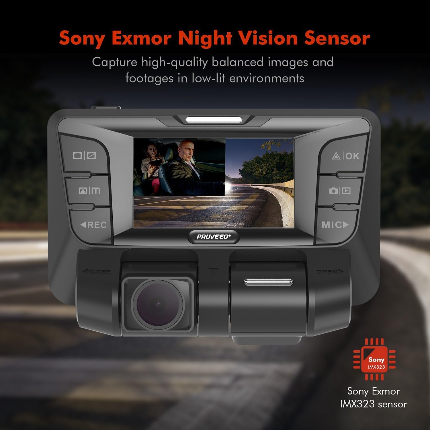 PRUVEEO Dash Cam C2 with display showing night vision capability and Sony Exmor sensor.