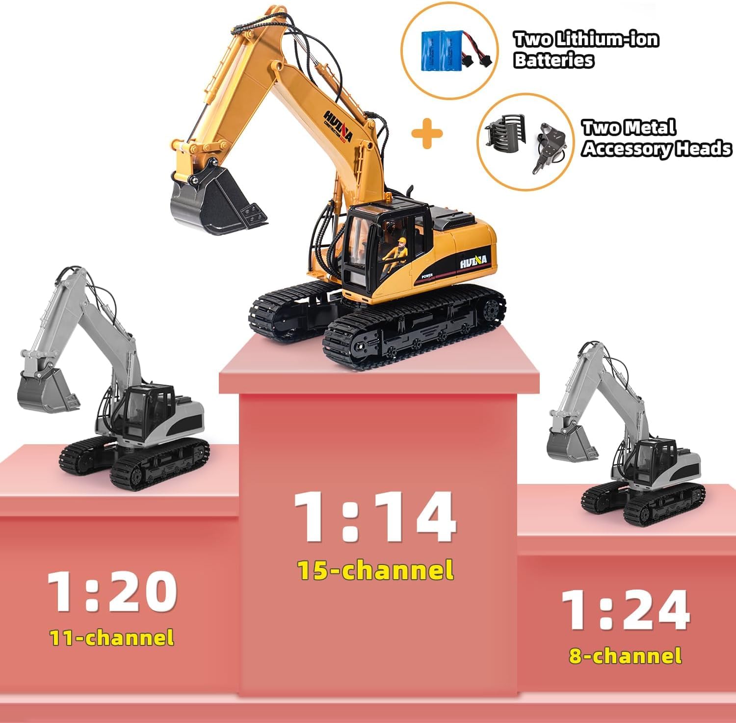 Excavadora teledirigida Huina 1535-1 RC excavadora de cadenas de metal con martillo demoledor y pinza clasificadora