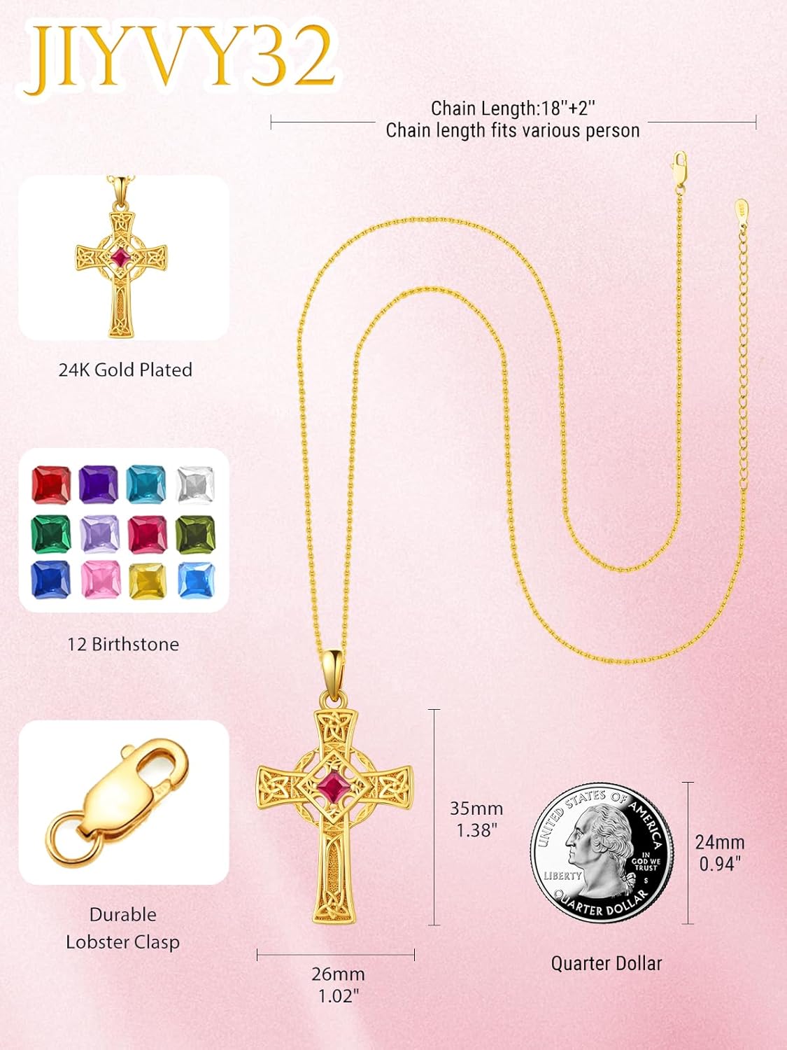 Valentine's Day Irish Jewelry Celtic Cross Necklaces for Women Anniversary Birthday Gift Protection Christian Cross with Square Birthstone - Image 4