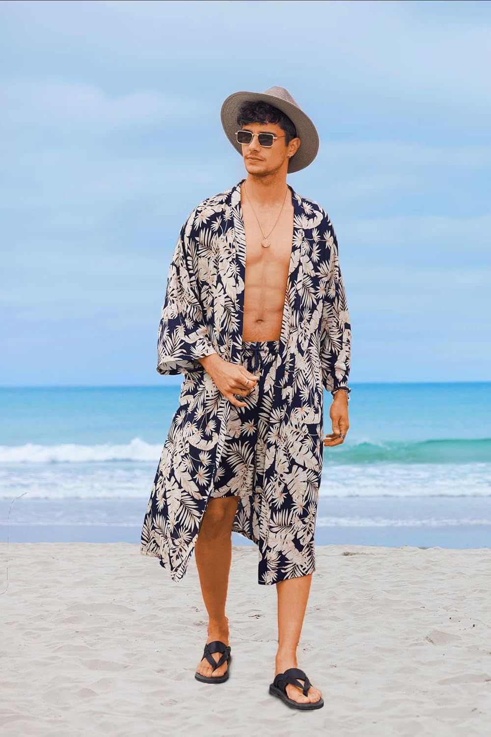 COOFANDY Men Lightweight 2 Piece Kimono Robe with Shorts Japanese Robes Casual Open Front Long Cardigan With Belt - Image 2