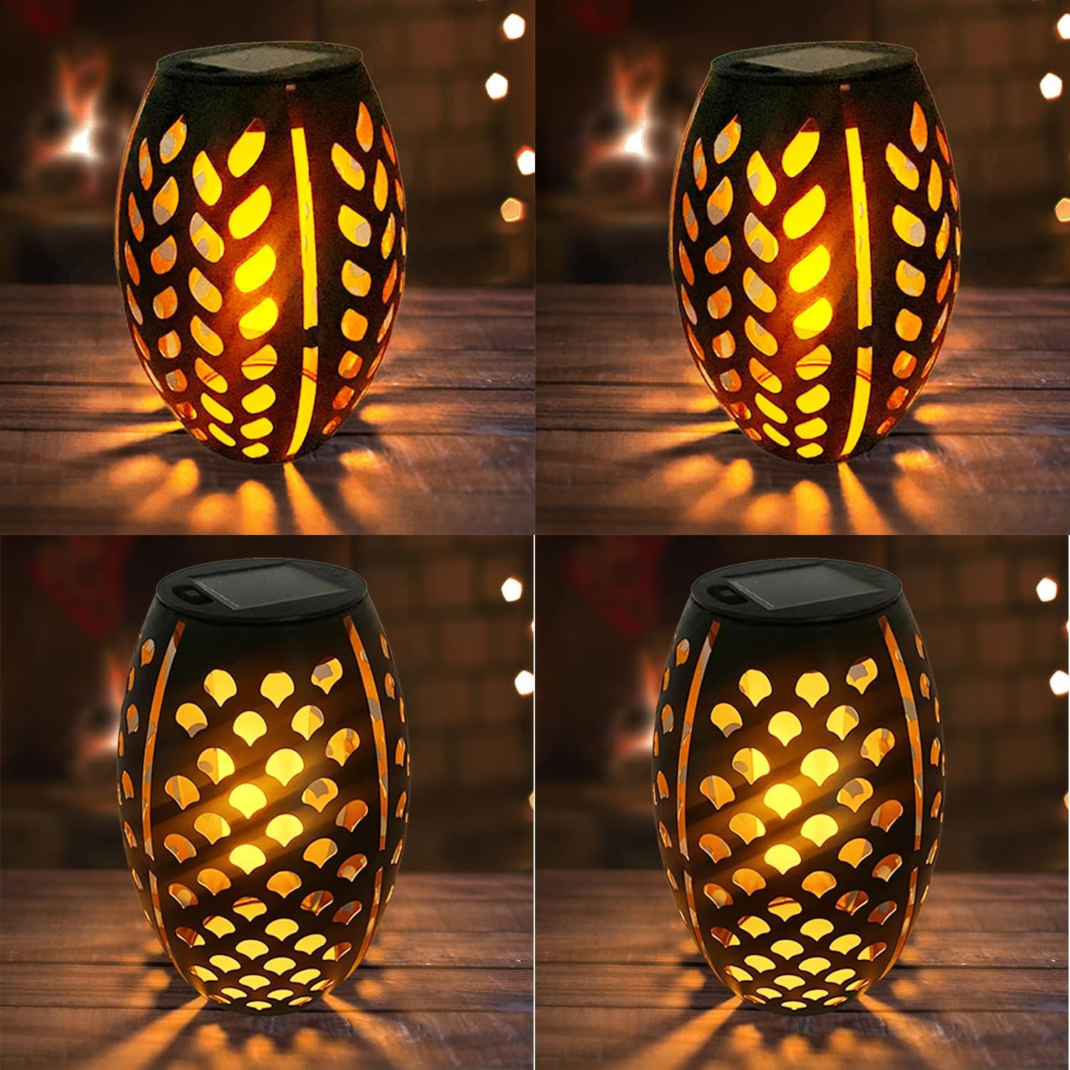 4PCS Solar Table Lanterns with Flickering Flame Light Outdoor Waterproof, Metal Desktop Decorative Lamp with Hollow Design for Tabletop Garden, 7.3" H Black