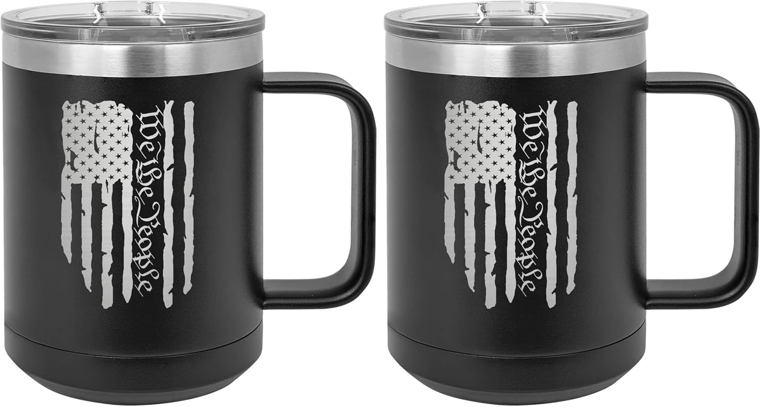 Rogue River Tactical USA Tattered American Flag We The People Constitution Heavy Duty Stainless Steel Black Coffee Mug Tumbler With Lid Novelty Cup Great Gift Idea (Pack of 2)