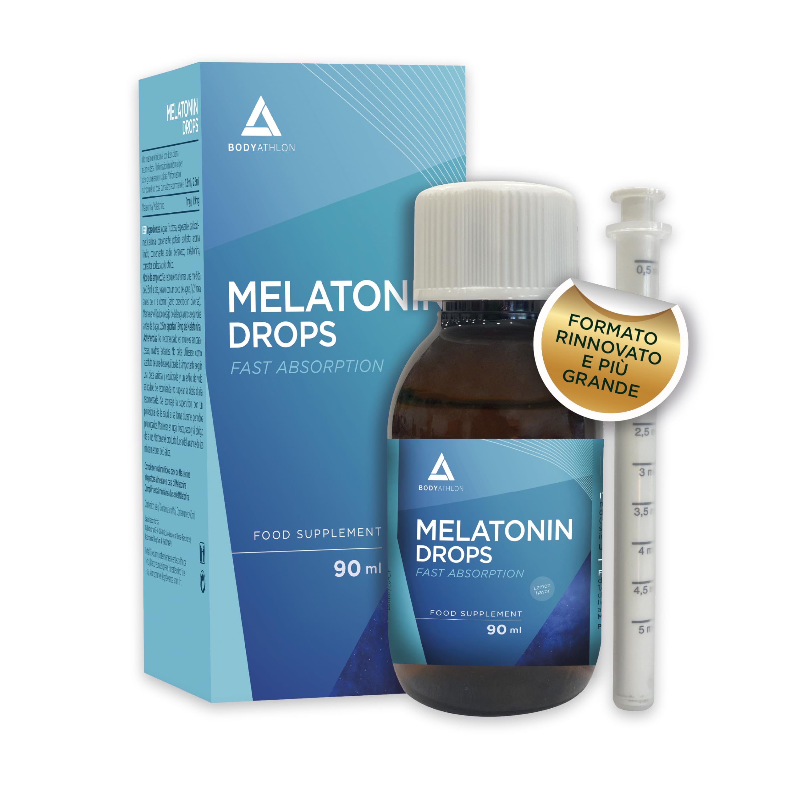 Melatonina pura in gocce 90ml |Melatonina bambini e adulti per Dormire Meglio |Aiuta con l’insonnia| Gocce per dormire effetto rapido e duraturo |Aroma limone| Vegano| BODYATHLON