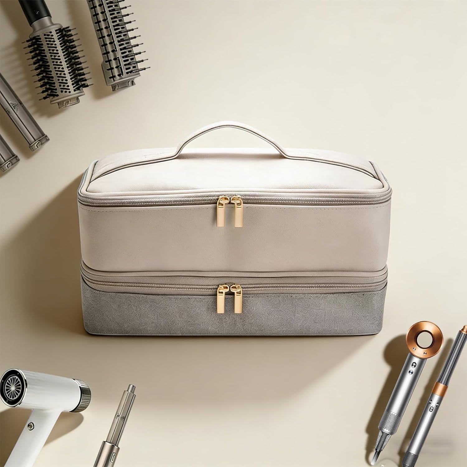 I'SMARTMOON 2-Layer Waterproof Hair Tools Travel Bag for Shark Flex Style Case,Travel Case for Dyson Airwrap, Organizer for Styling Accessories,Ideal Gift for Daily & Travel Hairstyling(Beige)