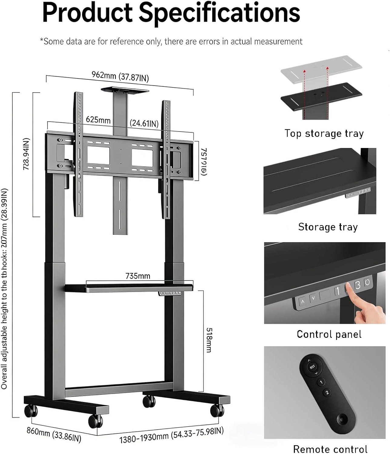 Motorized Mobile TV Stand with Wheels for 32-86IN TVs up to 250 Lbs, Height Adjustable Electric Rolling TV Cart with Remote Control Memory Function, Portable TV Mount Stand max VESA 800x600mm (Black)
