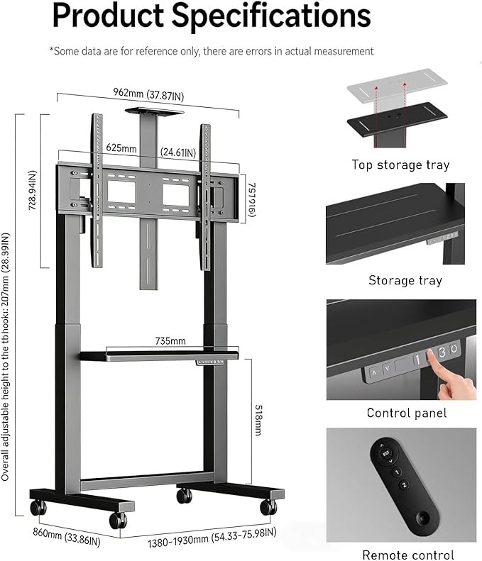 Soporte Móvil Motorizado para TV 32-86 Pulgadas, 250 Lbs, Ajustable en Altura miniatura 2