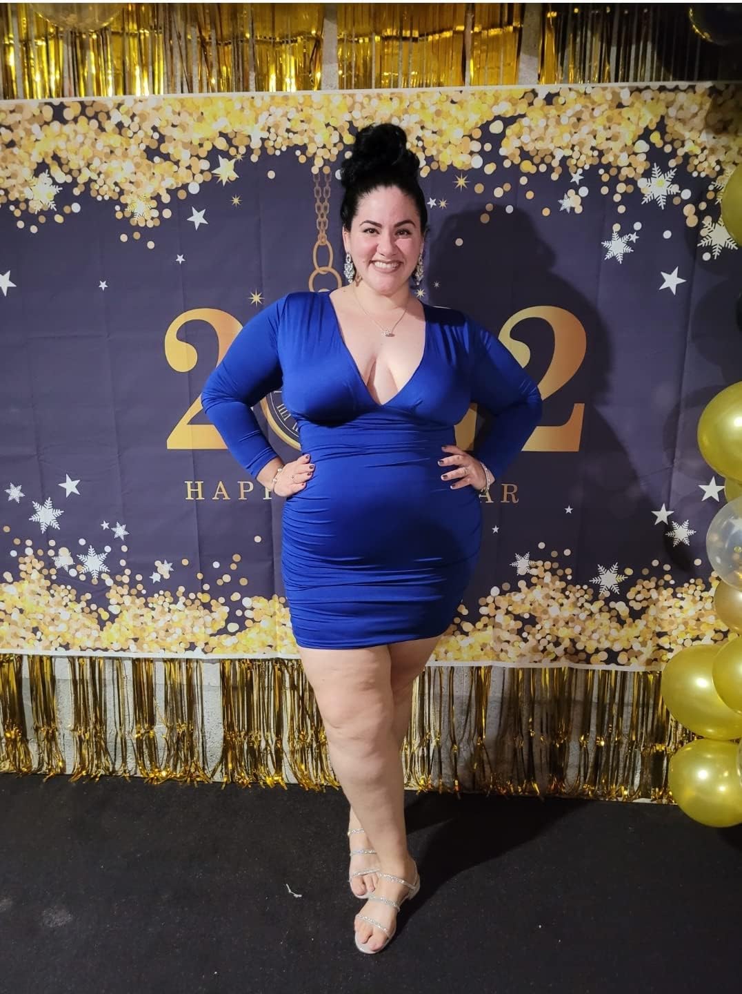 LAGSHIAN Women's Sexy Bodycon Long Sleeve V Neck Ruched Mini Club Dress - Image 3