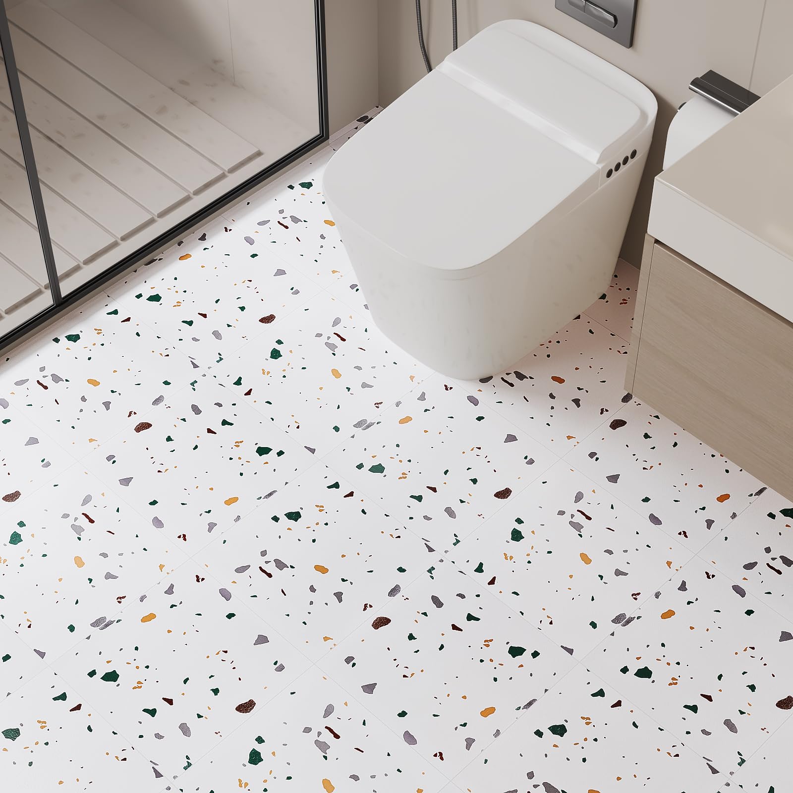 VaryPaper 12"x12" 20 Pack Modern White Terrazzo Floor Tiles Peel and Stick Waterproof Bathroom Vinyl Flooring Sticky Tiles for Floor Removable Self