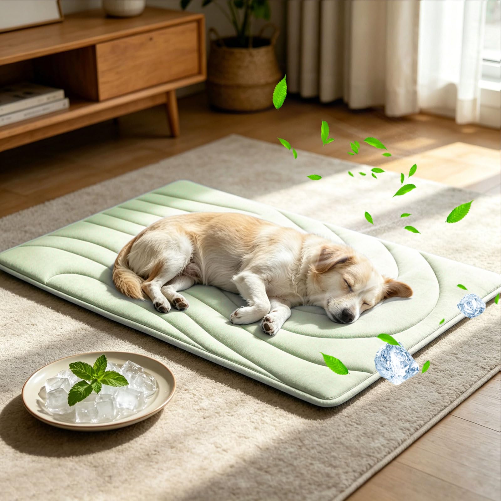 Dog Cooling Mat, Cooling Dog Bed for Extra Large Cooling Blanket for Dogs Dog Cooling Pad for Kennels, Crates, Cars, Indoor & Outdoor Ice Silk Cooling Mat for Extra Large Dogs (Green 71x122cm)