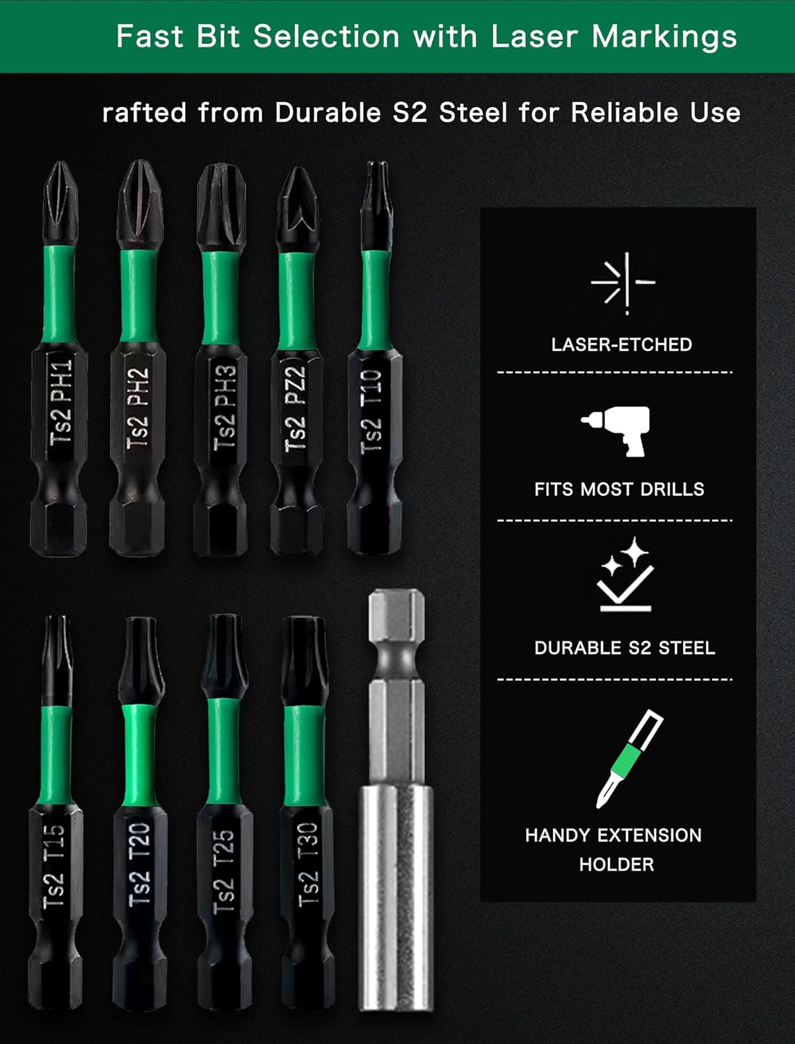 Drill Screwdriver Bit Set, 10 PCS S2 Steel Drill Bit Set, Magnetic Tips for Impact Driver with PH, PZ & Star Head Tips, 1/4" Hex Shank for Power Tools, Home Projects & DIY