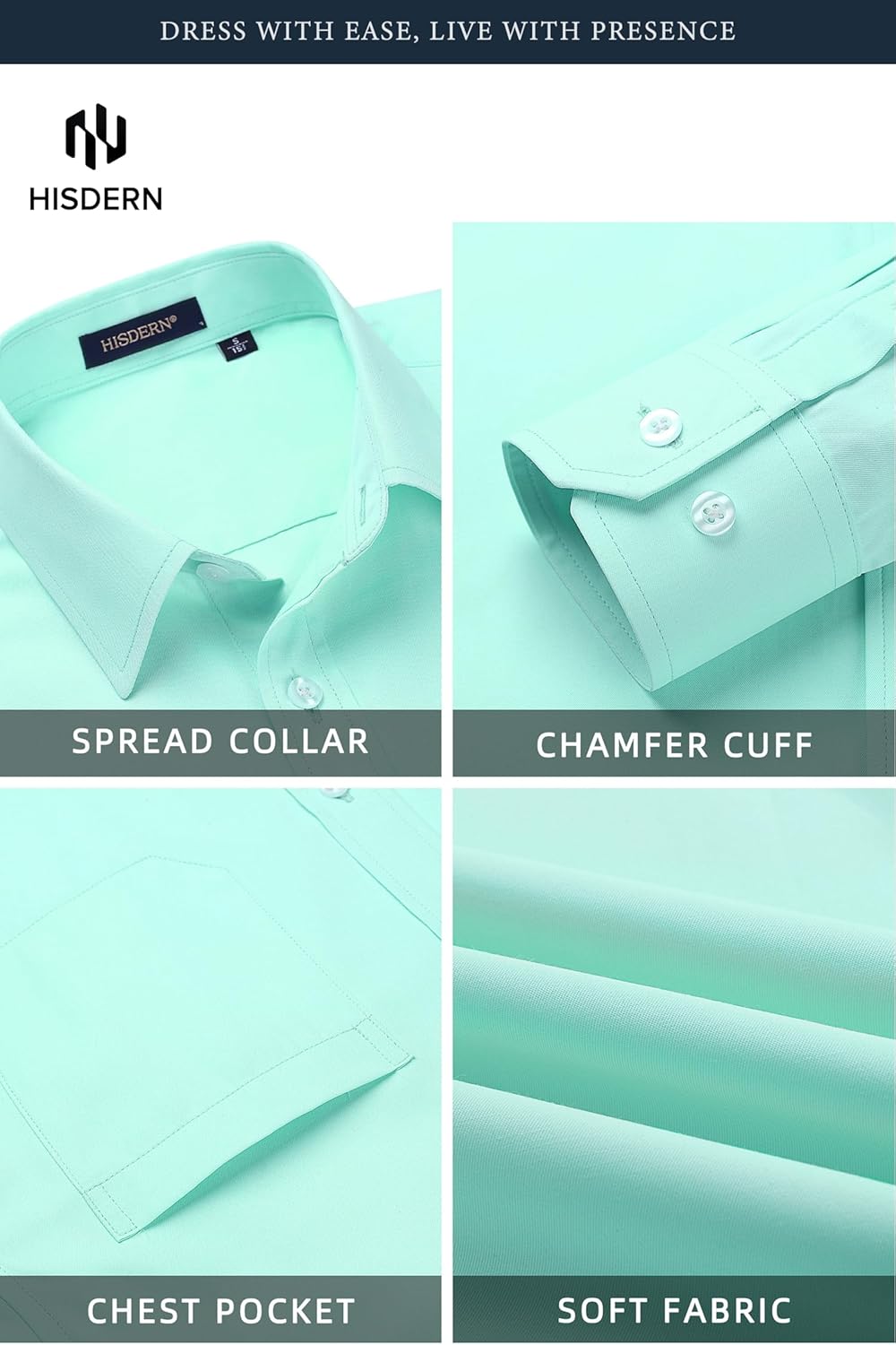 HISDERN 503 Mens Dress Shirt and Tie Handkerchief Set Classic Long Sleeve Shirts Matching Ties Formal Button Down Shirts - Image 7