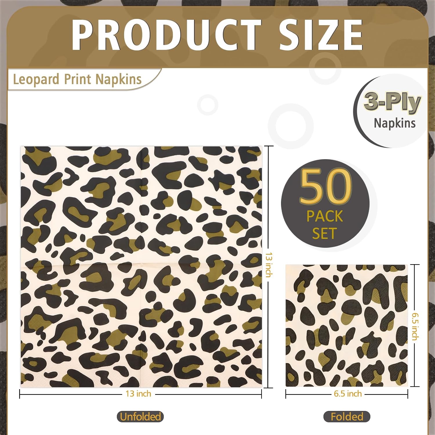 DYLIVeS Animal Leopard Print Party Napkins, Disposable Jungle Safari Leopard Cheetah Print Cocktail Napkins for Birthday Party, Baby Shower, Picnic, Safari Themed Party (Pack of 50), 6.5 inch, 3 -Ply