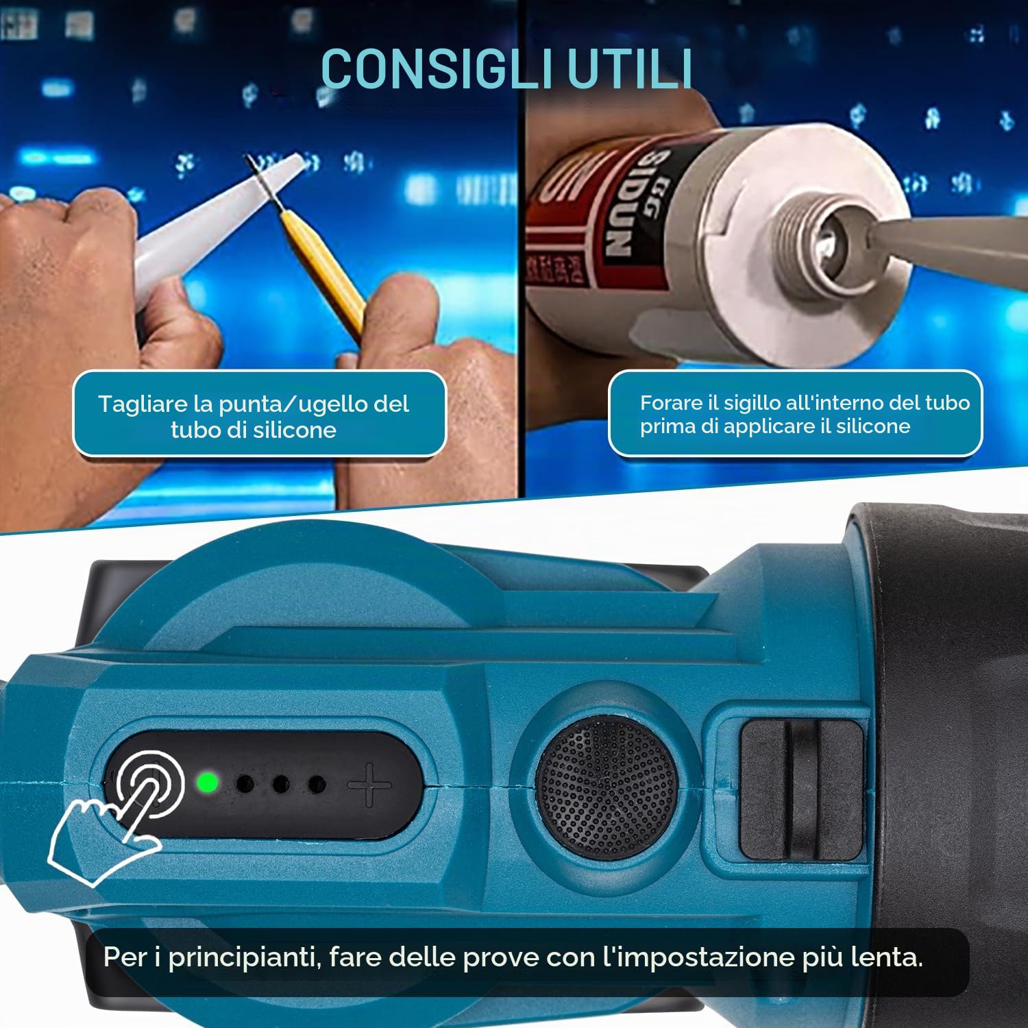 KATSU FIT-BAT Pistola per Silicone Senza Fili 18V/21V, Senza Gocce, 4 Velocità Regolabili, Pistola per Sigillante Adesivo per Applicazione Automatica Liscia, Senza Batteria Inclusa