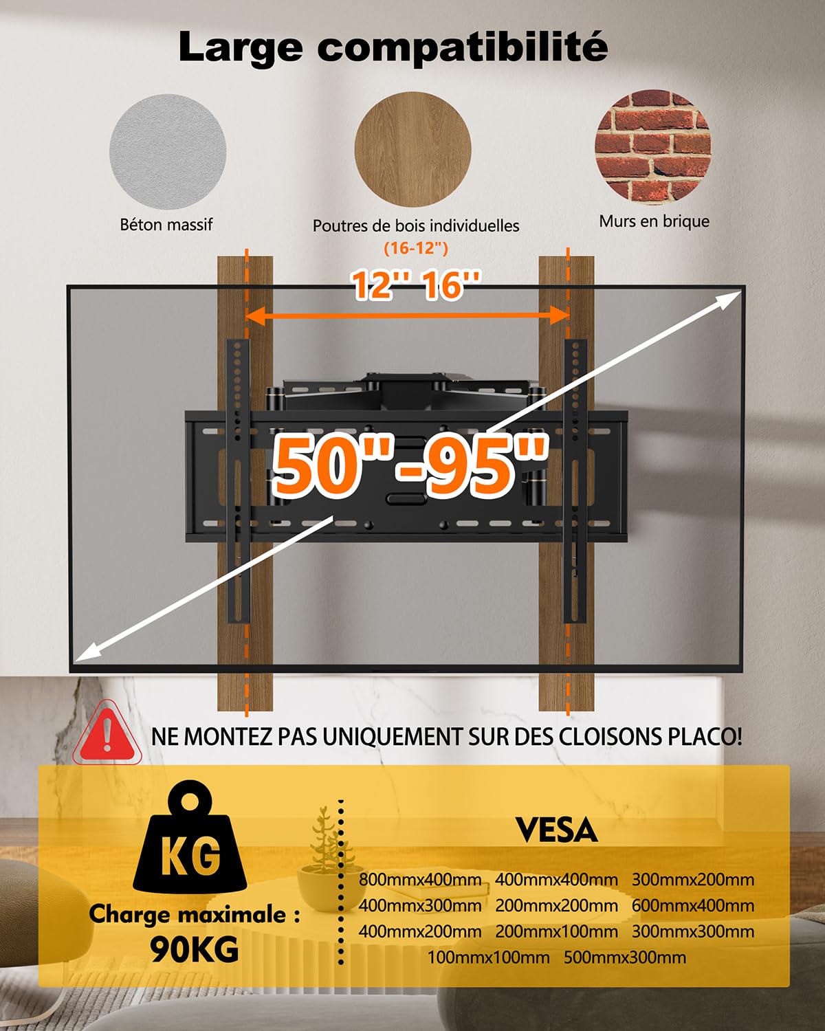 FORGING MOUNT Support Mural TV à Extra Longue, Portée 1090 mm, 50-95 Pouces