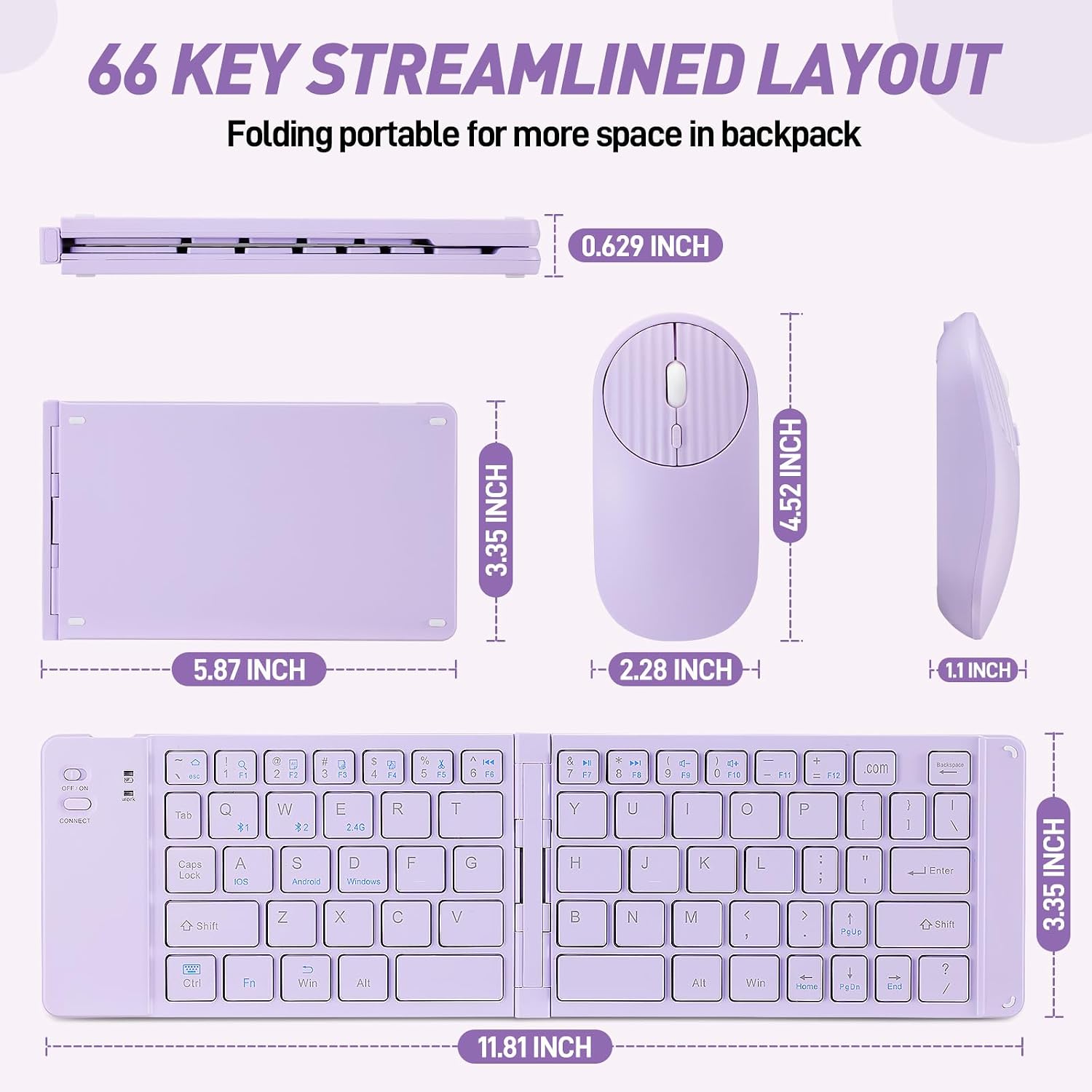 Foldable Mini Rechargeable Bluetooth Keyboard and Mouse Combo, 2.4G Wireless and Bluetooth,(Sync Up to 3 Devices), Ultra-Slim Travel Folding Keyboard for iPhone iPad Mac Android Windows iOS(Purple)