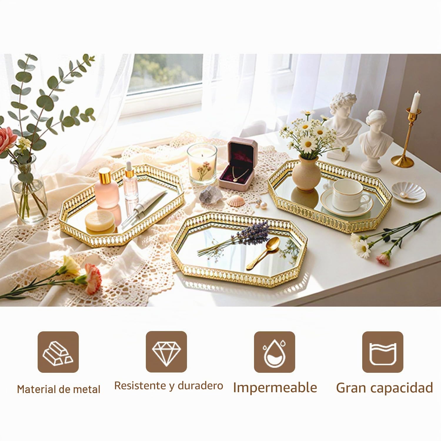 Bandeja Decorativa con Espejo de Dorado, Geométrica Plato Decorativo para Servir Organizador de Perfume de Maquillaje para Tocador, Encimera de Baño