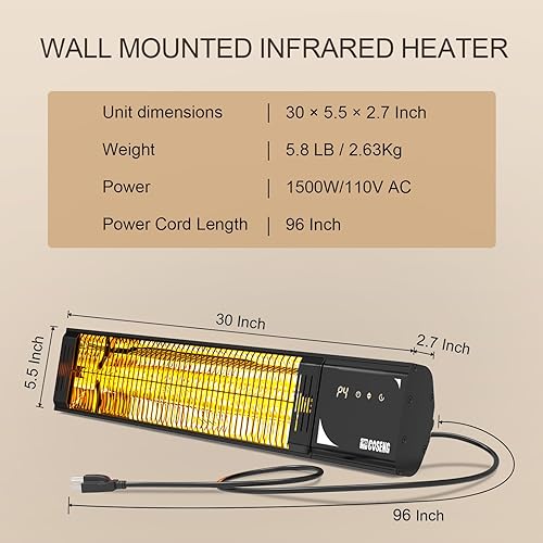 Miniatura 6 de Calentadores de exterior para patio de 1500 W, calentamiento rápido 3S, impermeable IP65, 4 niveles de calor, temporizador de 24 horas y función