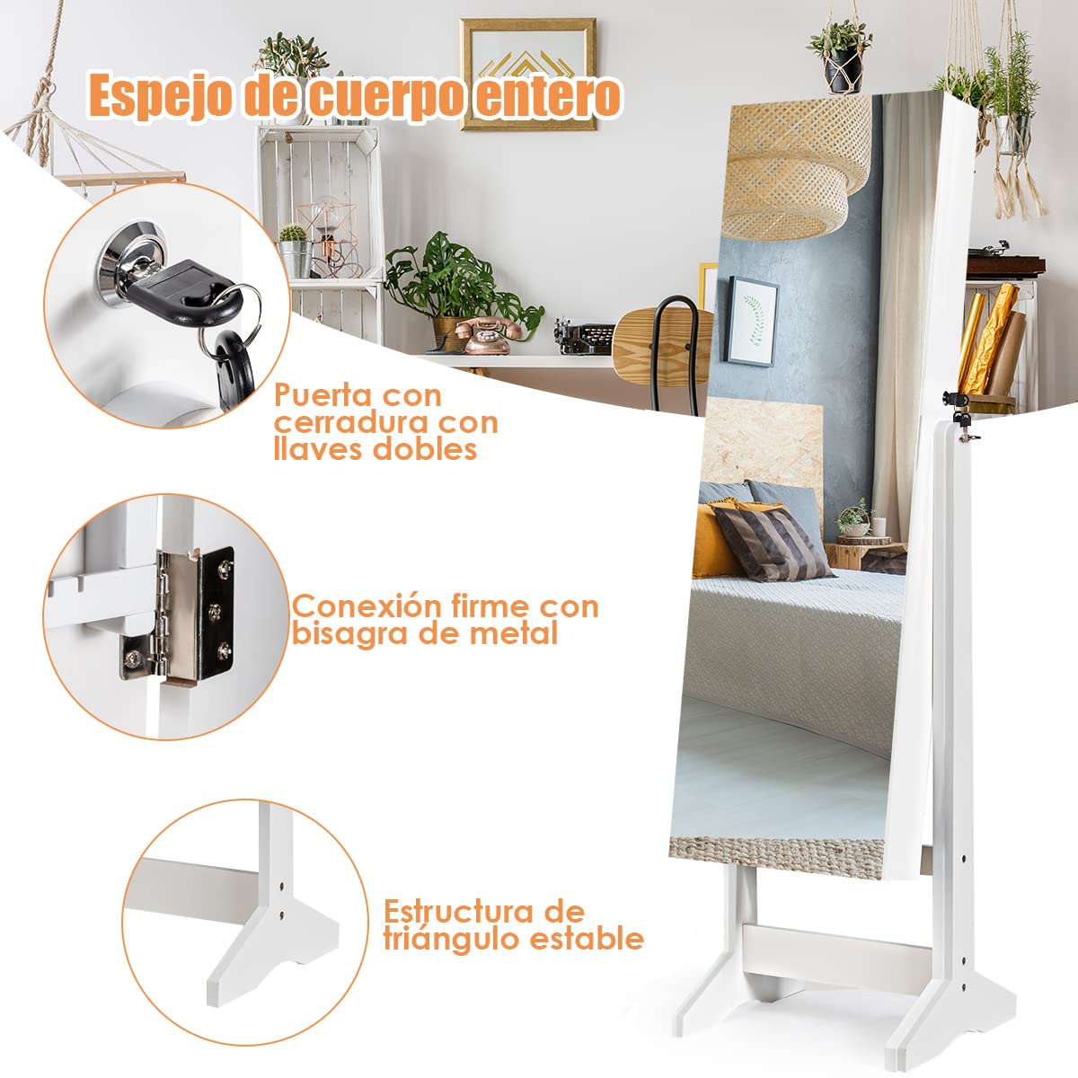 COSTWAY Armario para Joyas con Espejo de Cuerpo Entero, Armario Vertical Joyero con 120 Espacios, Espejo 2 en 1 (blanco)