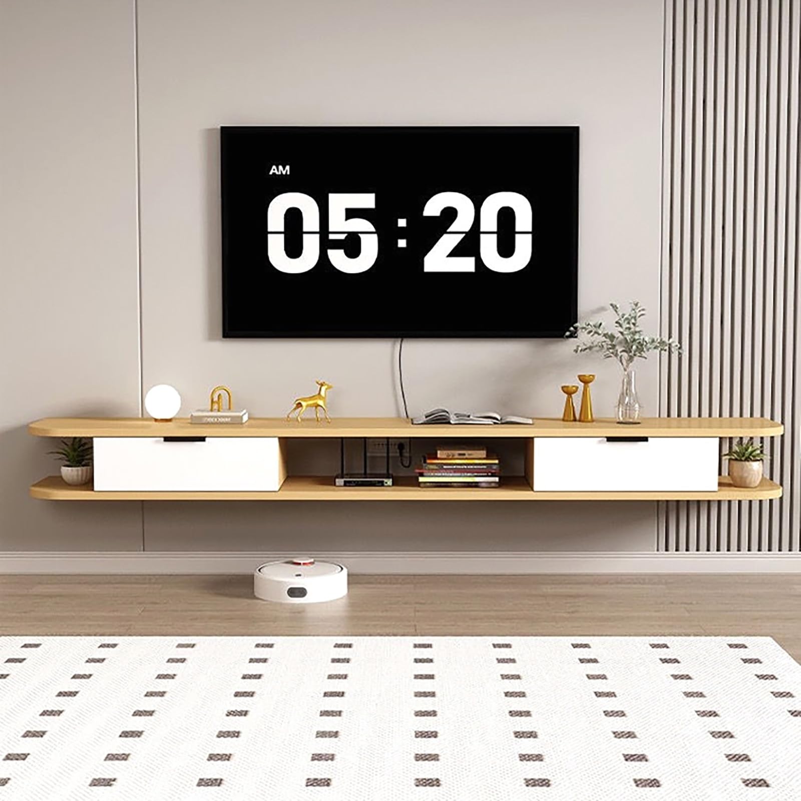 Mobile TV Sospeso, Console Multimediale Sospesa A Parete, Mobile Porta TV, Mensola In Legno Con Cassetti Per Lettore DVD, Decoder, Console Per Videogiochi(All Gray,200x22x18cm)