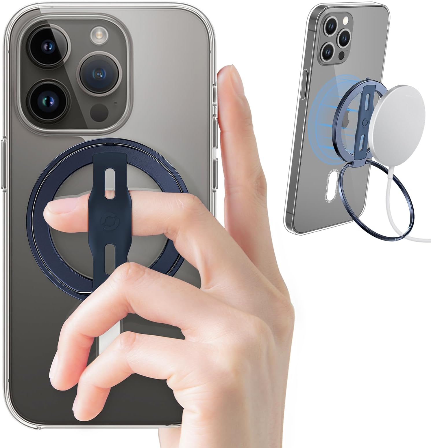 EWA MagOne 2nd Gen [Compatible with MagSafe] Phone Grip Stand with Replaceable Silicone Finger Strap, Removable Magnetic Ring Holder Kickstand Loop, for iPhone 16,15,14,13Pro/ Max/Plus-(Ink-Blue)