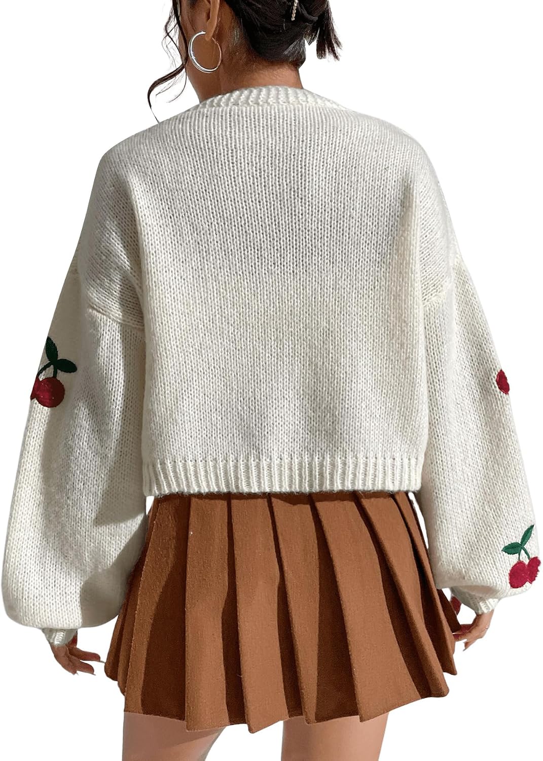 GORGLITTER Women's Cherry Cropped Cardigan Sweaters Open Front Long Sleeve Cute Chunky Knit Short Cardigan Trendy