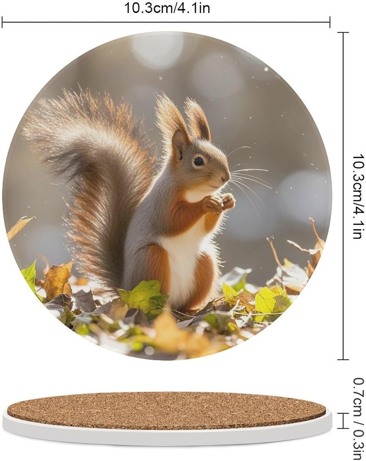 6PCS Autumn Squirrel Coasters Non-Slip Round Drink Coasters with Ceramic Stone and Cork Base, Heat Resistant Absorbent 33.00Stone Coaster Set for Kinds of Mugs and Cups, 4 Inch