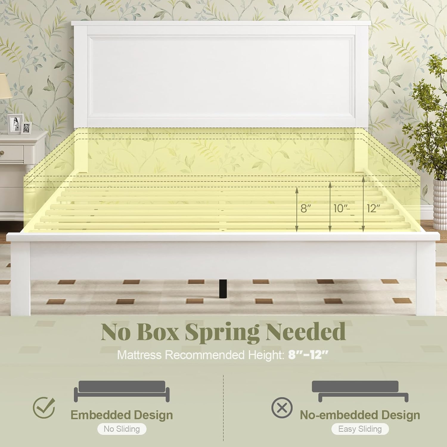 Giantex Wood Queen Platform Bed Frame with Headboard, Mid Century Bed Frame with Solid Wood Legs & Wooden Slat Support, No Box Spring Needed, White Bed