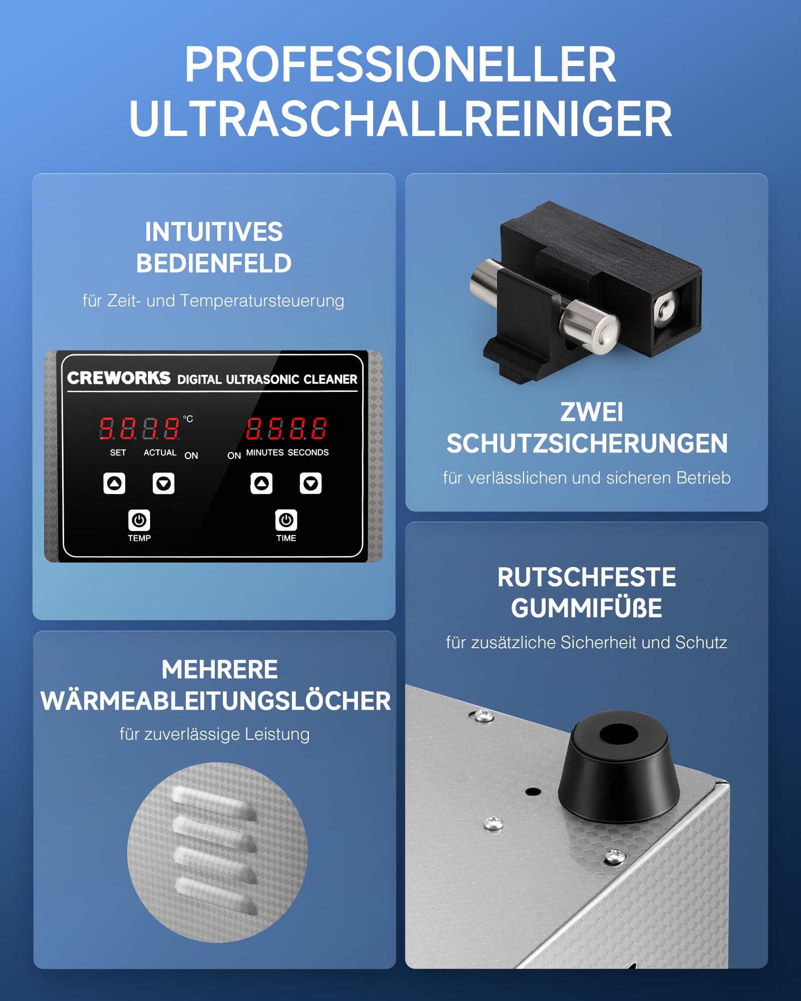 CREWORKS Ultraschallreinigungsgerät 2L (Echtes Volumen) Ultraschallgerät Ultraschallreiniger Edelstahl mit Heizung & Digital Timer für Brillen, Schmuck, Uhren, Zahnprothesen, Münzen, inkl. Korb