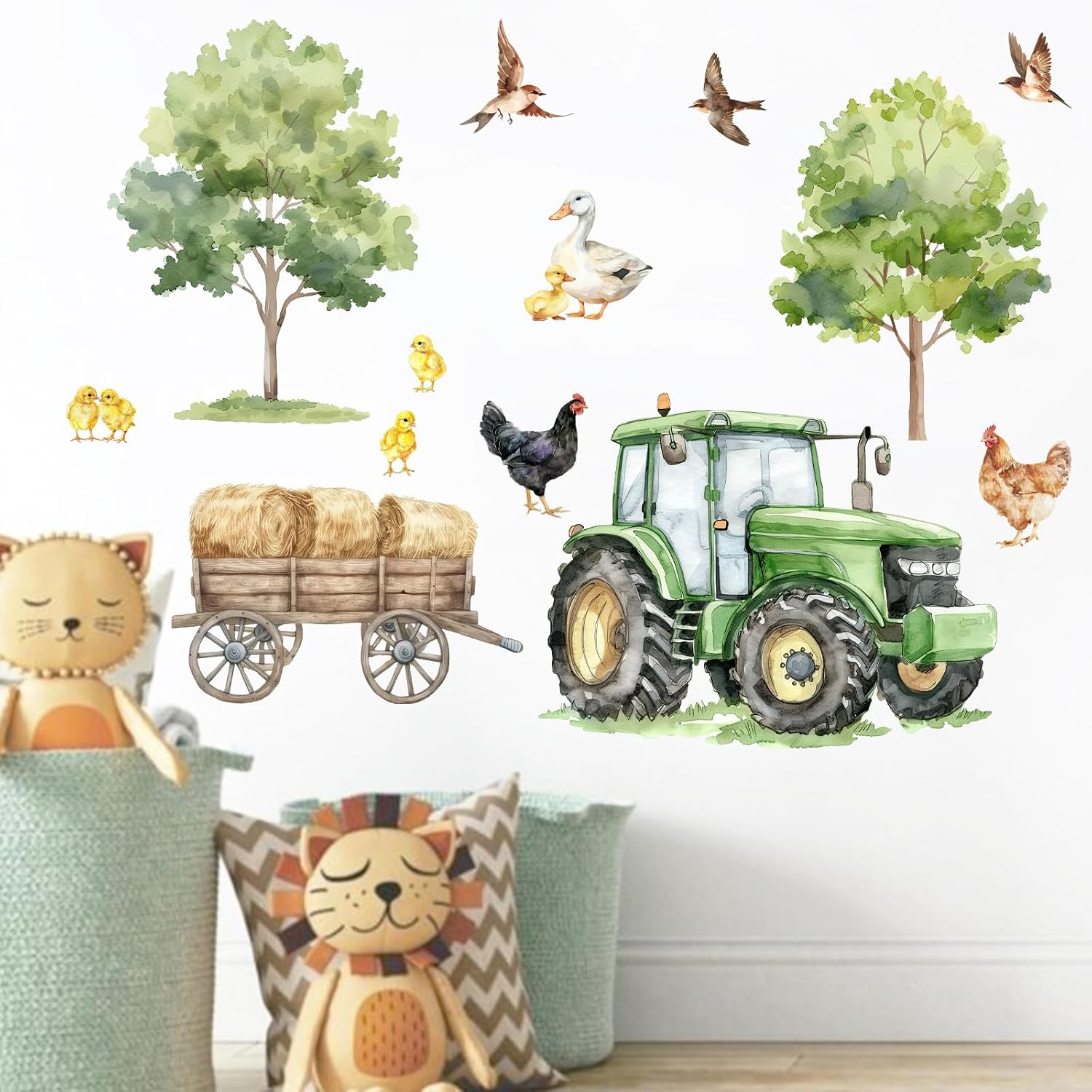 Mfault Farm Animals Wall Decals Stickers, Farmhouse Barn Tractor Chicken Hen Chicks Duck Birds Nursery Decorations Bedroom Art, Country Tree Cart Kids Room School Classroom Playroom Decor
