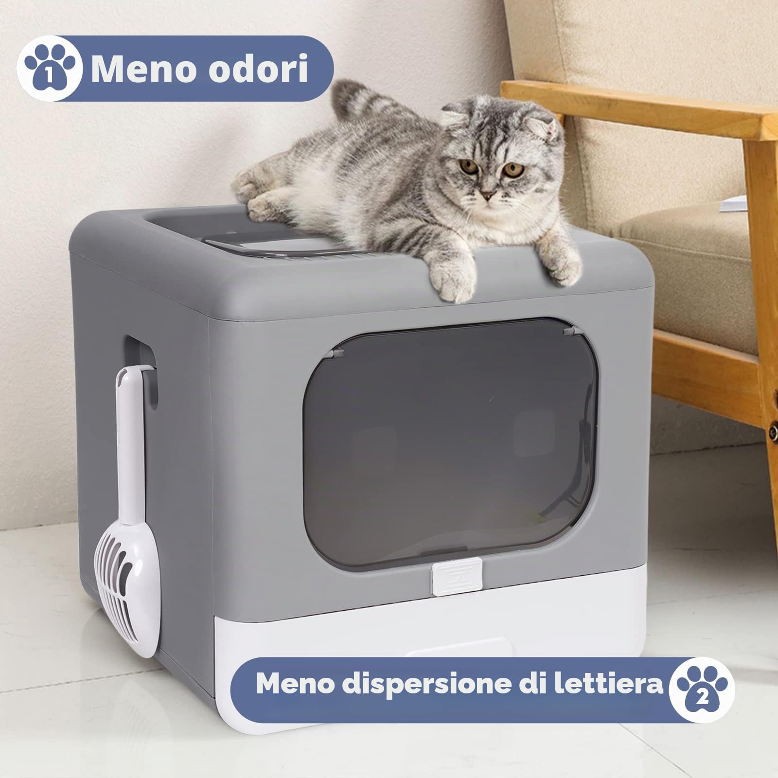 Lettiera gatto chiusa con coperchio, pieghevole e chiusa, con porta anteriore e ingresso dall'alto, facile pulizia, lettiera resistente agli spruzzi d'acqua (grigia)