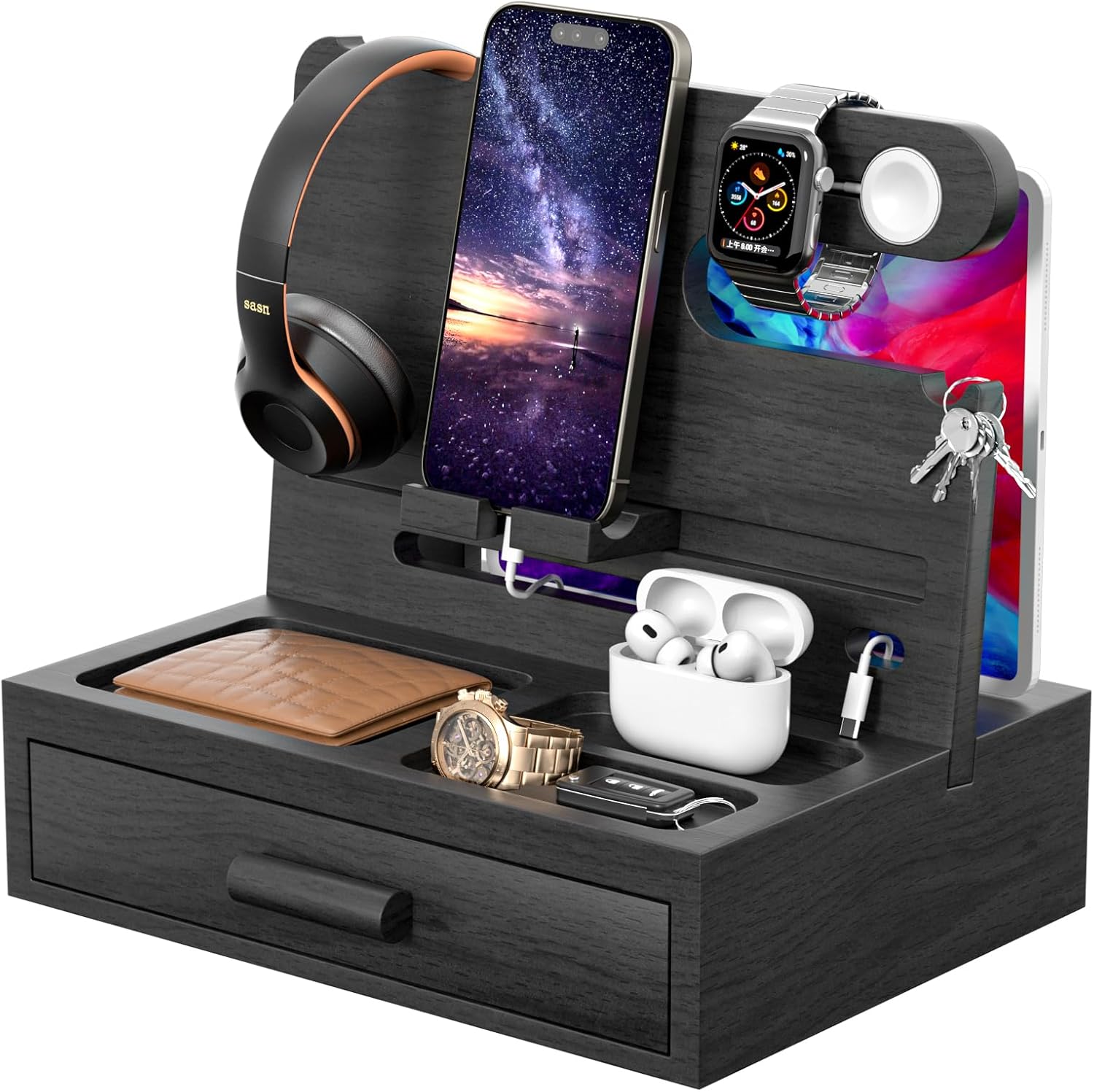 melafa365 Bamboo Nightstand Organizer for Men, Phone Docking Station with Cable Management, Drawer, Bedside Organizer for Watches, Keys, Wallets, Black