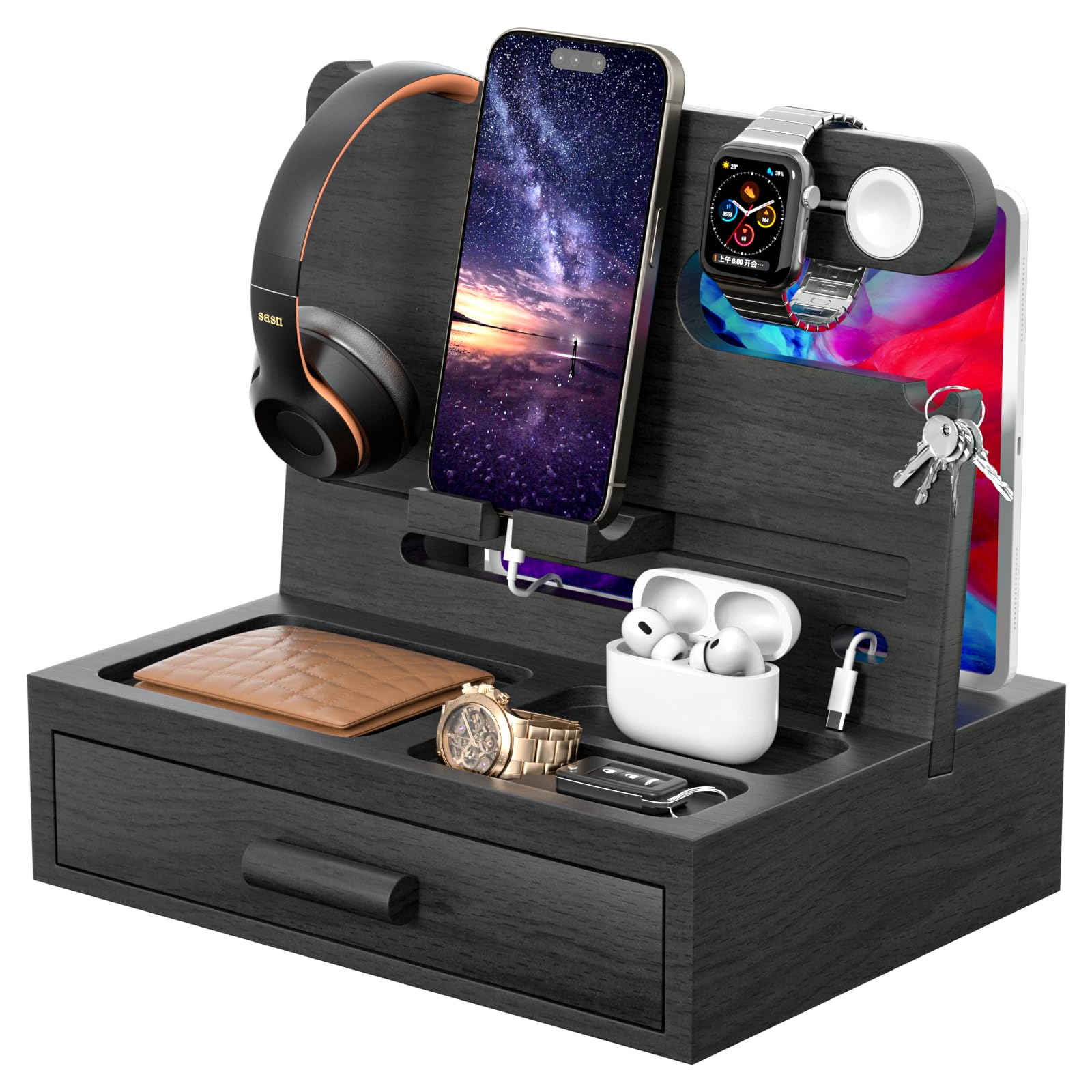 Sephyroth Wooden Phone Docking Station Nightstand Organizer Bedside Organizer Cell Phone Stand Gifts for Men, Dad Gifts for Christmas Gift for Boyfriend Gift for husband with Drawer Storage (Black)