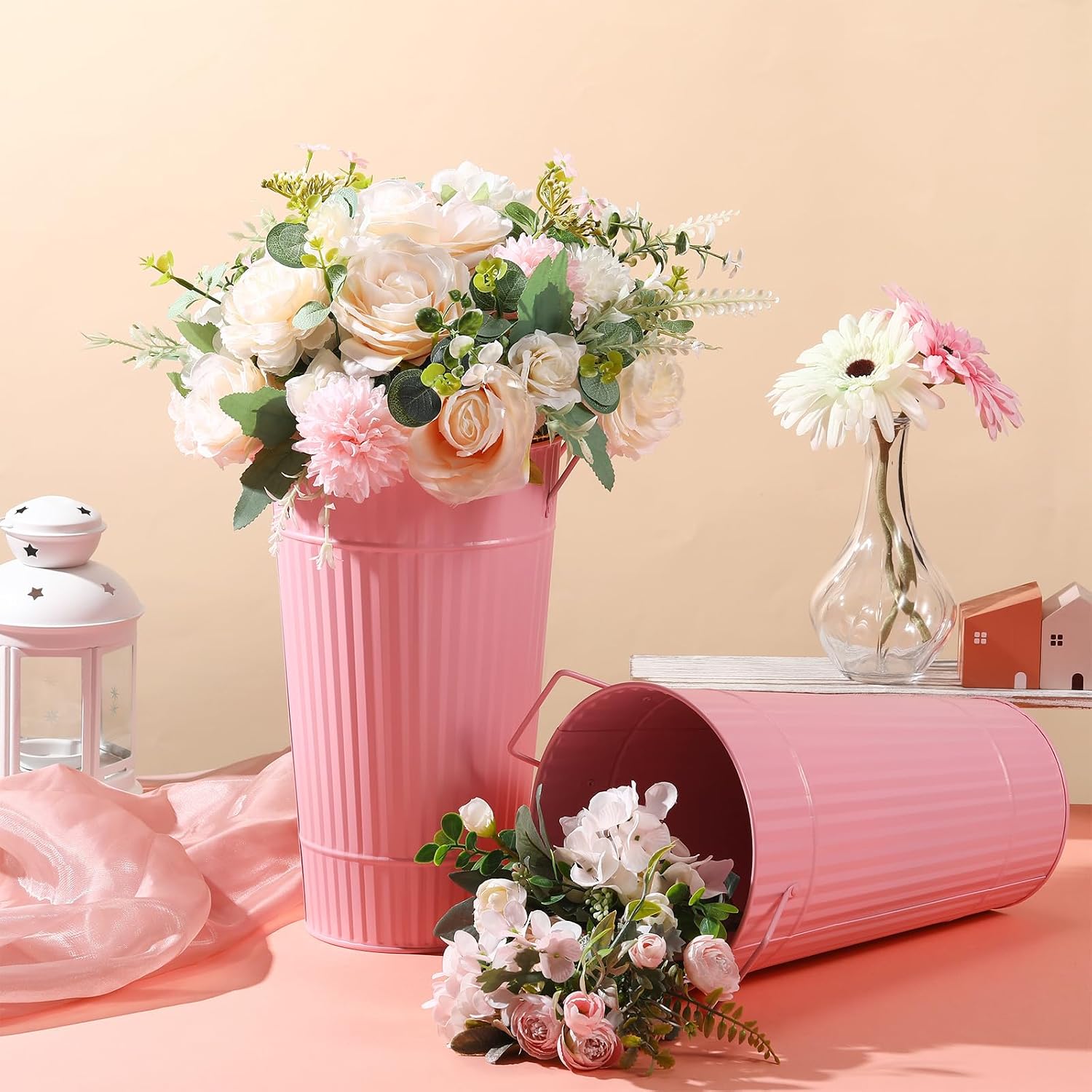 Layhit 6 Pcs 12 Inch Galvanized Flower Buckets Metal Flower Vases with Handle Farmhouse French Bucket Planter Floral Container for Flowers Wedding Bridal Shower Home Table Decor(Pink)