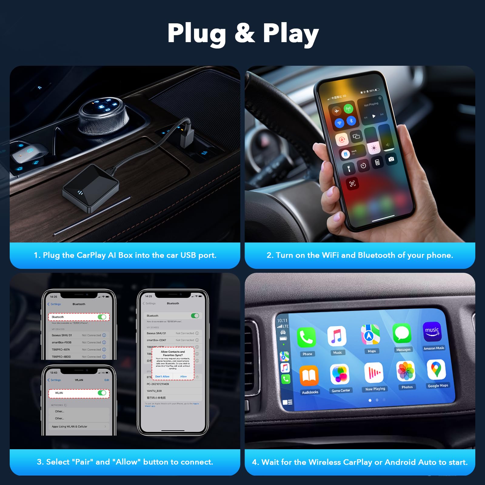 LAMTTO Adaptador CarPlay Inalámbrico 2 en 1,Convertir CarPlay/Android Auto Cable a Sin Cables,Bluetooth 5.3+5.8GHz WiFi,Plug y Play para iPhone iOS 11+/Android 11+ con Seat/Renault/Peugeot/VW 2016+