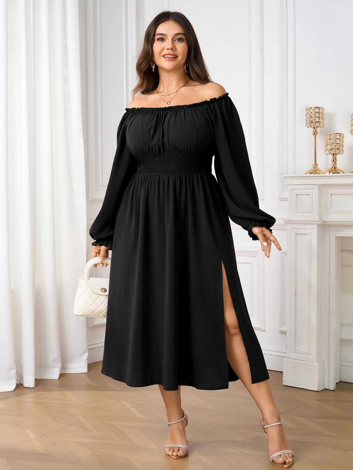Plus Size Maxi Fall Wedding Guest Dress for Curvy Women Long Sleeve Smocked Formal Cocktail Party Dresses Slit - Image 5