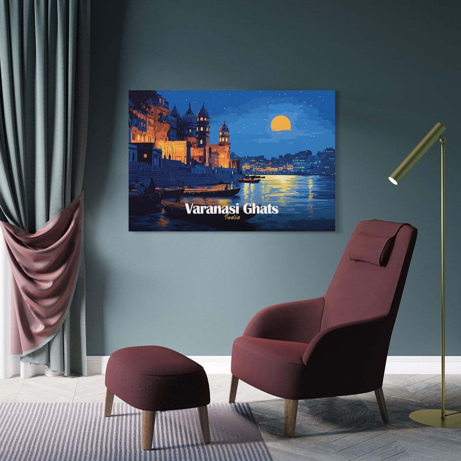 Junmoney Varanasi Ghats India Night Illustration Canvas Wall Picture, 20x30inch(50x75cm), for Wall Displays, Bedrooms Or Room Updates, Wall Decor Suited to Curated Displays
