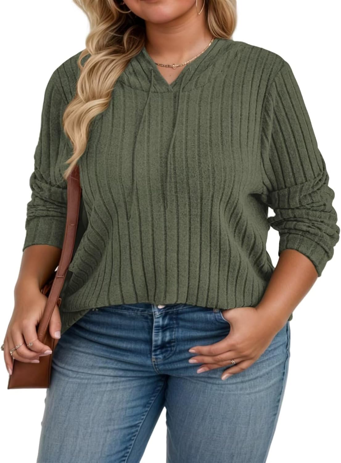 DOLNINE Plus-Size-Hoodies for Women Fall Dressy Hooded Sweatshirt Lightweight Long Sleeve Ribbed Knit Pullover Sweaters - Image 2