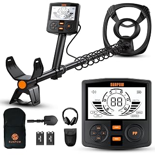 SUNPOW Professional Metal Detector for Adults - Pinpoint Accurate & Easy to Use - 12" Waterproof Coil, 2X Backlit LCDs, DSP Chip, 5 Modes - Adjustable (19"-59") for Beach, Field, Garden - Amazon product rated Grade A