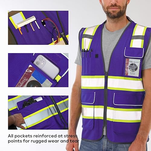 Miniatura 10 de Neopelta Chaleco de seguridad reflectante de malla amarilla, chaleco de alta visibilidad con bolsillos y cremallera, cuello acolchado, chaleco de