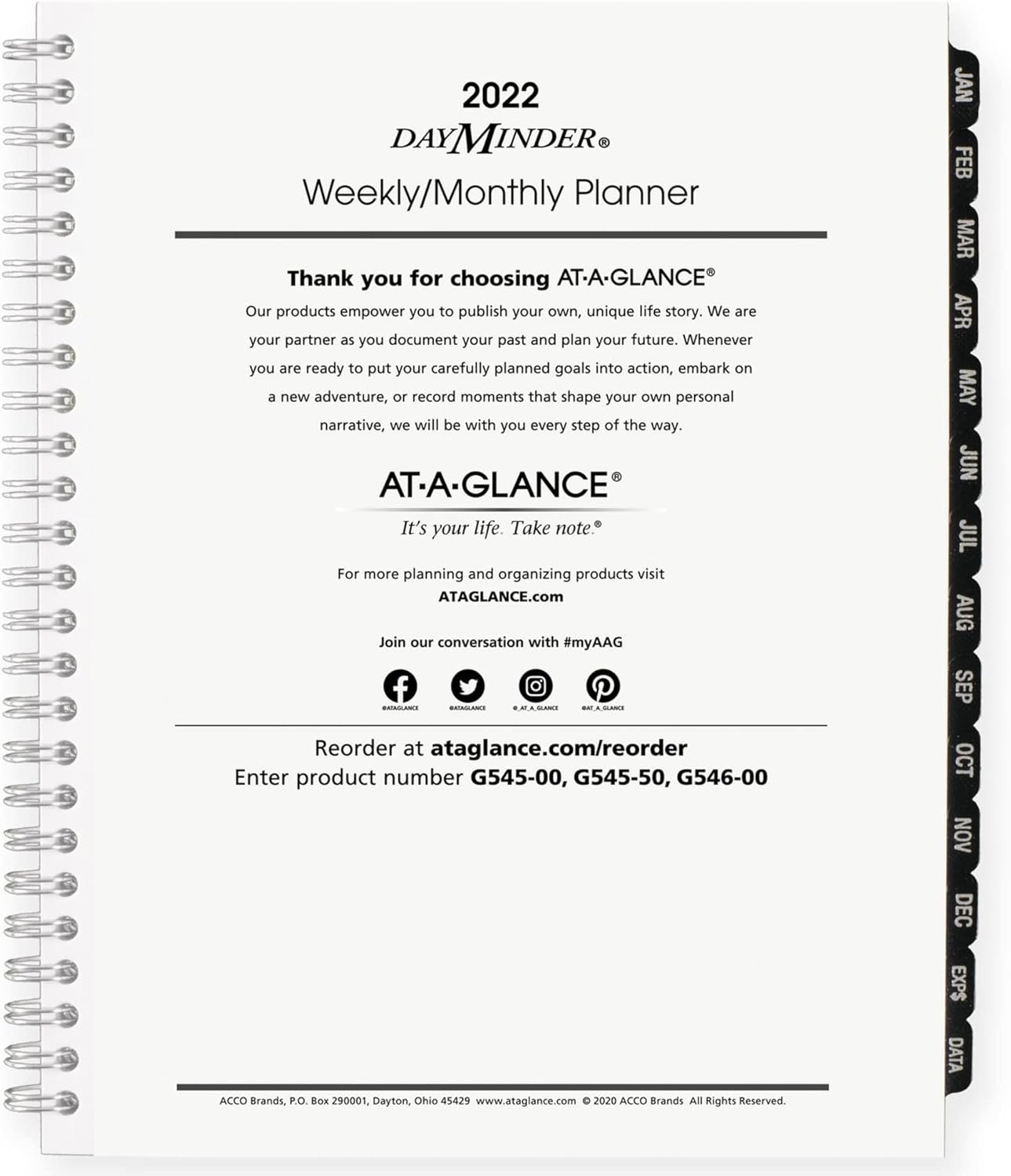 AT-A-GLANCE 2022 Weekly & Monthly Planner Refill for G545 Line Planners by AT-A-GLANCE, 7" x 8-3/4", Medium, Executive, DayMinder (G54550)